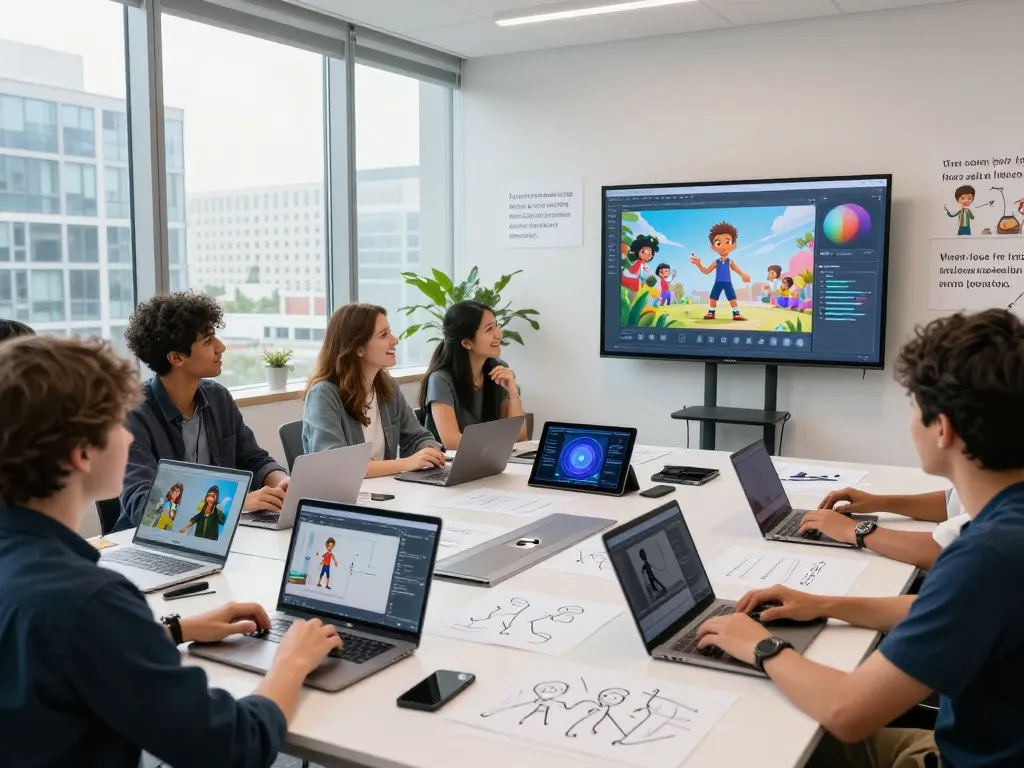 Creative team exploring mind control ai in an innovative tech studio, showcasing animated character motion.