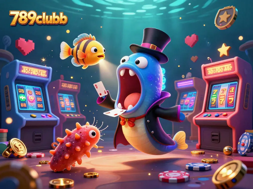 Join the fun at 789clubb with vibrant casino games, illuminated by playful characters in an underwater magic scene.