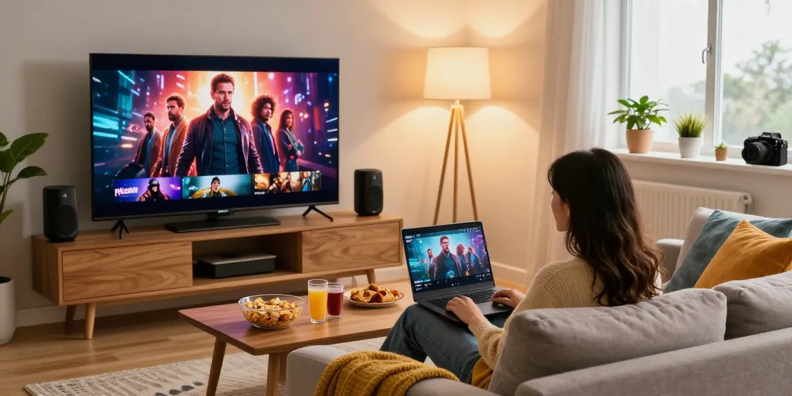 Pikashow streaming in a cozy living room, individual enjoying HD movies with snacks.