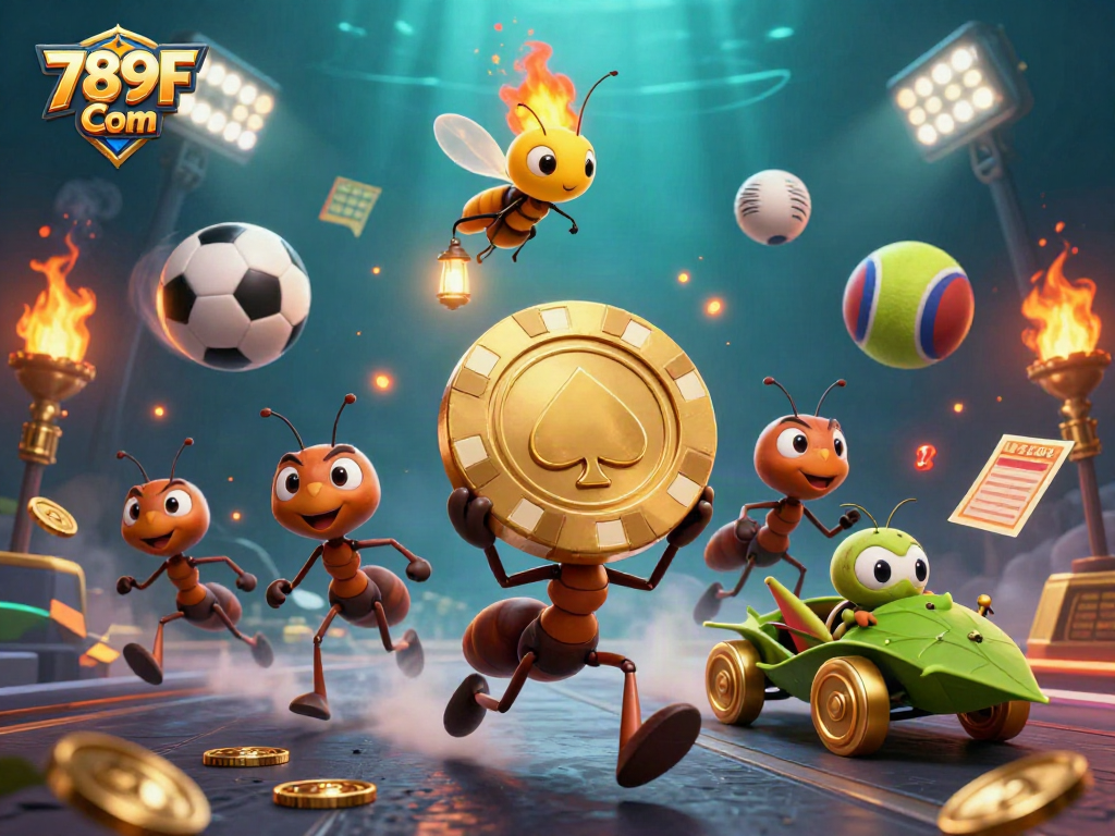 Join the thrilling adventure at 789F Com with ants carrying a massive poker chip in this vibrant scene.