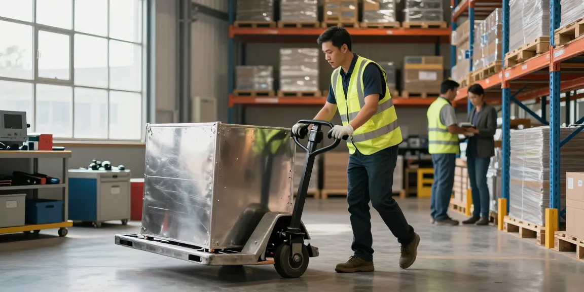 Worker using a pallet truck stainless steel in a busy warehouse environment, demonstrating industrial efficiency.