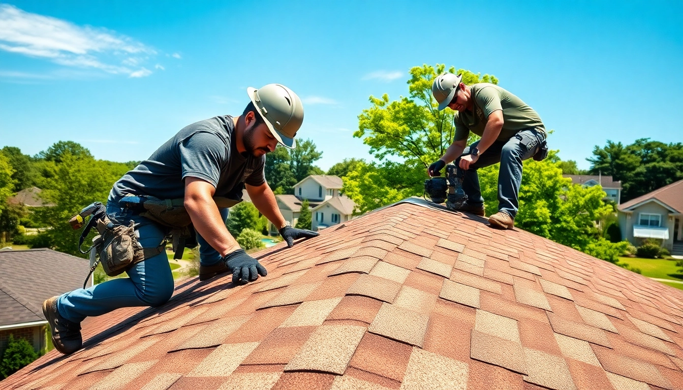 Roofing team installing shingles in South Jersey, highlighting expert craftsmanship and neighborhood setting.
