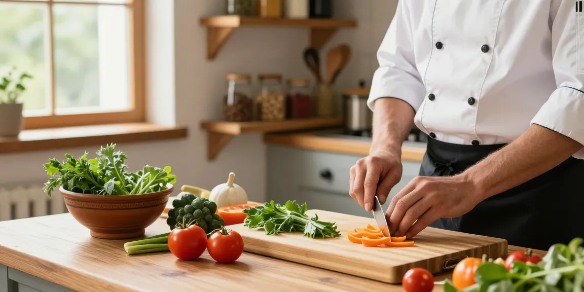 Chef chopping vegetables on a bamboo cutting board in a rustic kitchen.