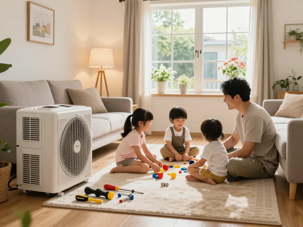 HVAC system discussion in a cozy family living room, enhancing home comfort.