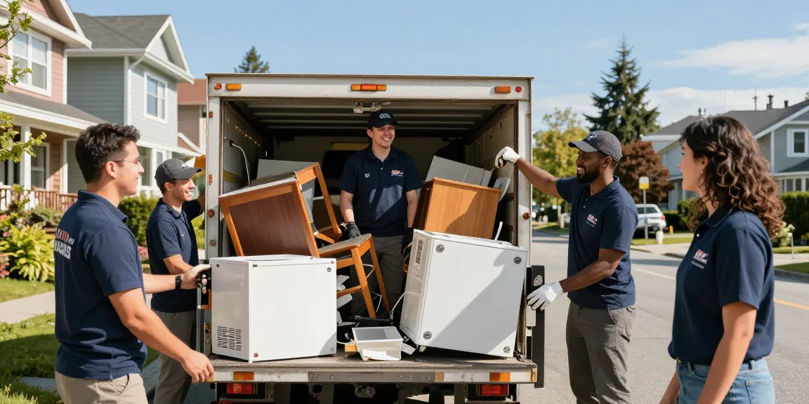 Target Junk Removal Vancouver team loading furniture into truck in friendly neighborhood.