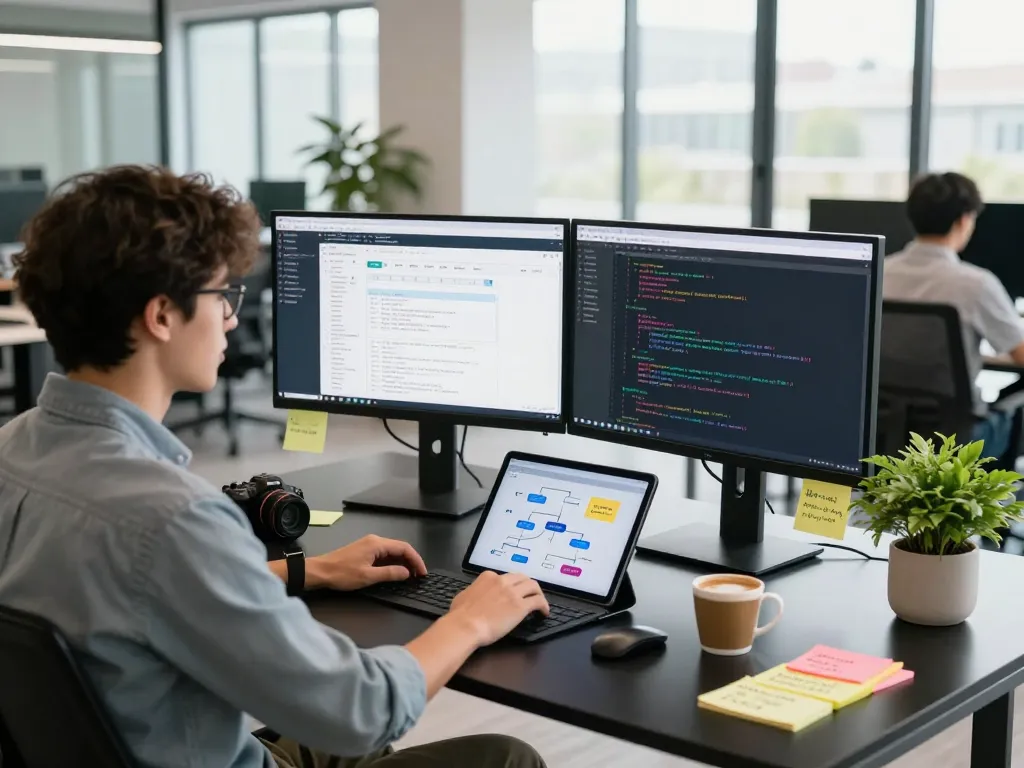 Developer creating automation workflows using n8n in a modern office workspace with dual monitors.