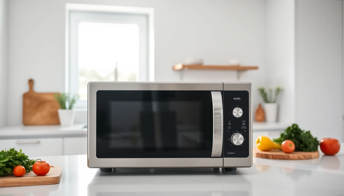 Highlighting Microwave Oven Sales, a sleek stainless steel microwave in a modern kitchen setting.
