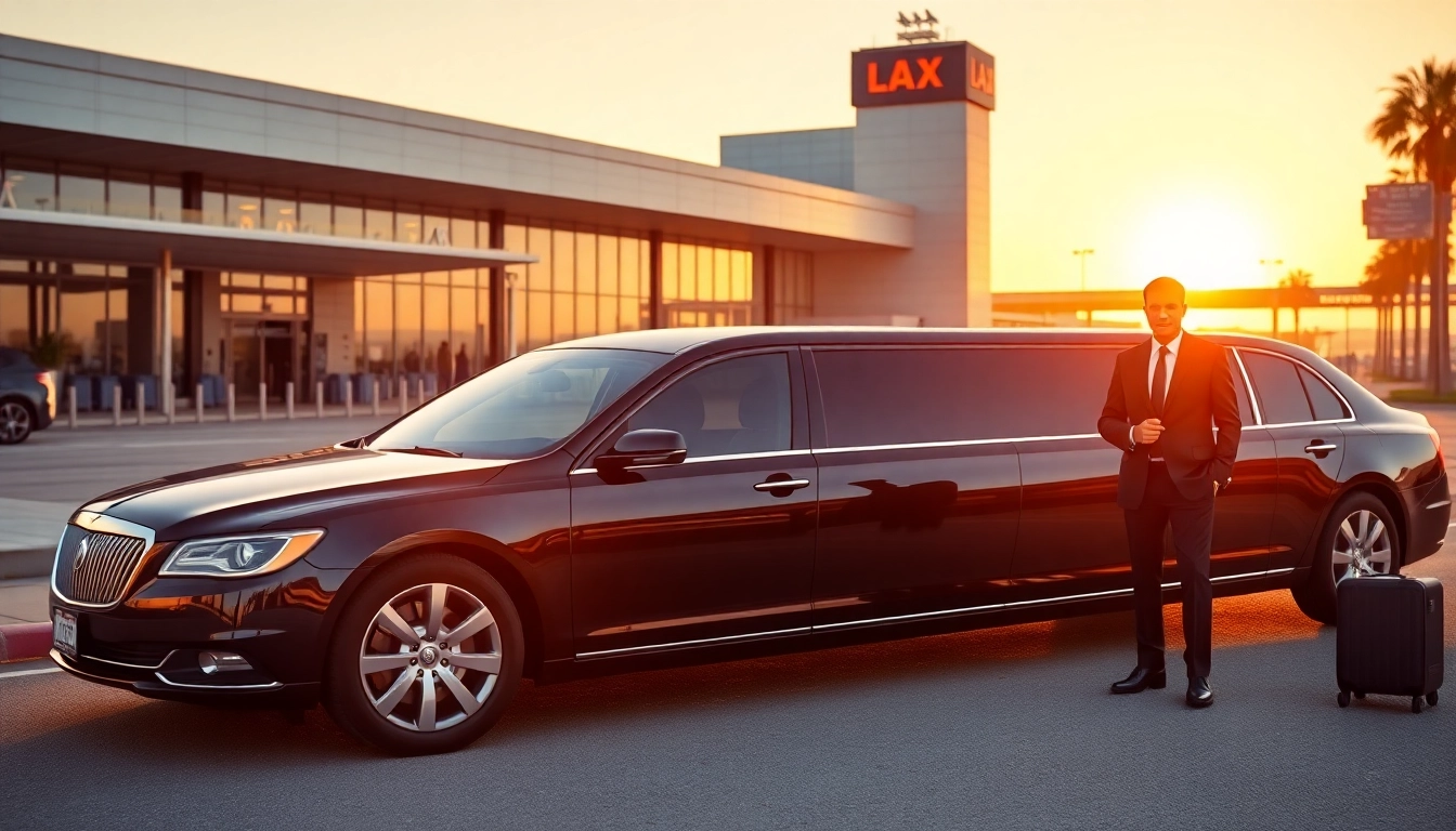 Hollywood Town Car and Limousine showcasing a luxurious black stretch limousine and professional chauffeur at LAX airport.
