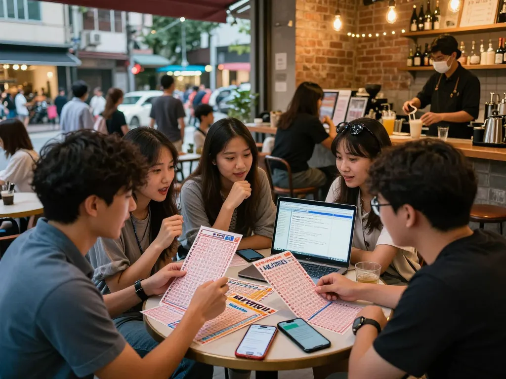 Sekelompok orang menikmati hasil lotere HK Hari Ini di sebuah kafe perkotaan yang nyaman.