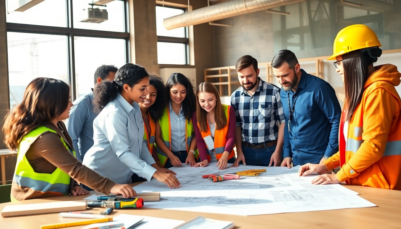 Students collaborate in a bright classroom setting focused on construction education.