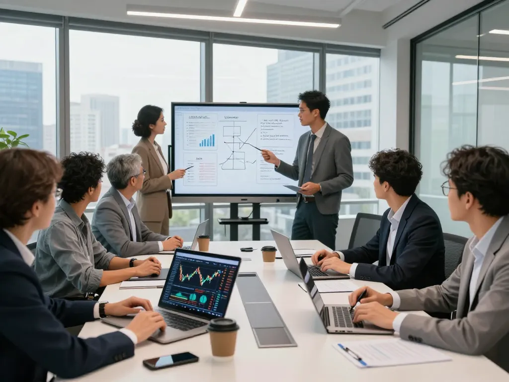 Global investment group team strategizing investment opportunities in a modern office.
