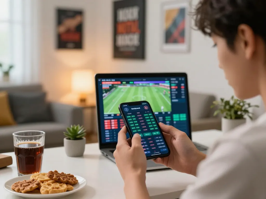 Engaging sports betting scene featuring keo nha cai on mobile device in modern home office