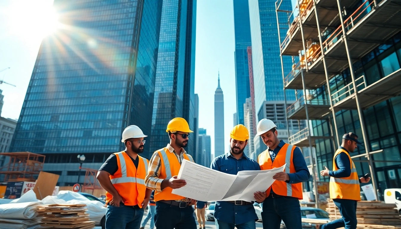New York City Commercial General Contractor overseeing a construction project with a diverse team.
