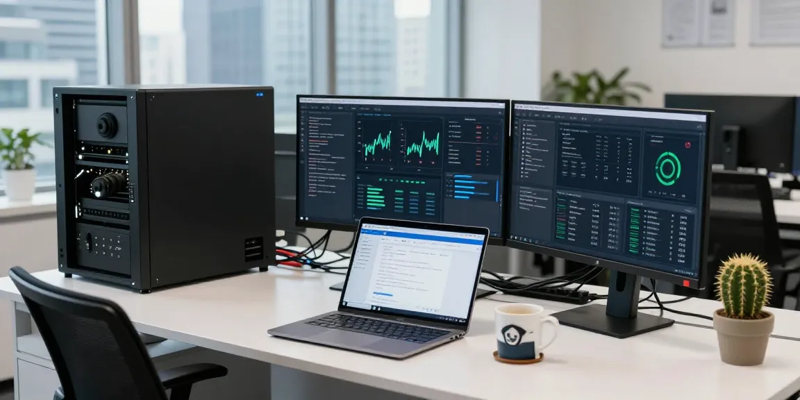 VDS management setup showcasing server performance metrics and IT professional in a modern office setting
