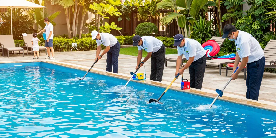 Dolphin Pool Services team providing maintenance for a residential pool, showcasing professionalism and care.