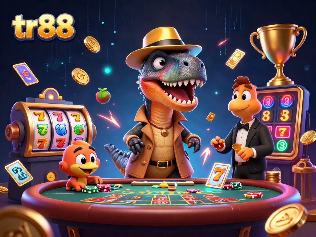 tr88 velociraptor card counter at a blackjack table in a lively casino scene.