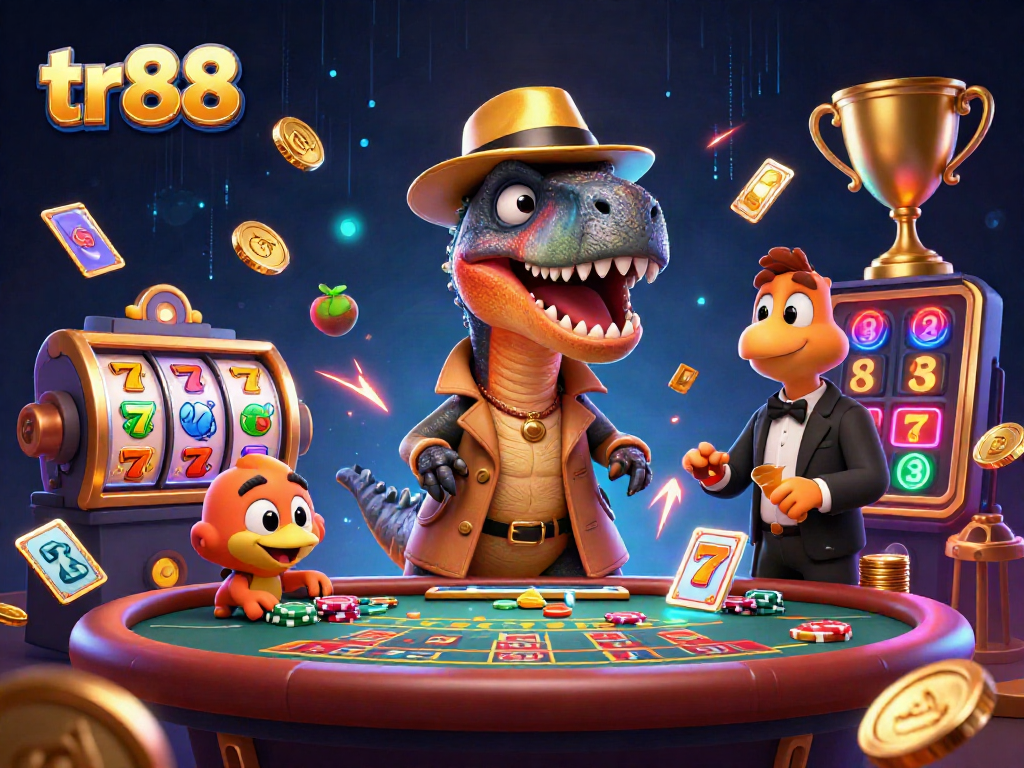 tr88 velociraptor card counter at a blackjack table in a lively casino scene.