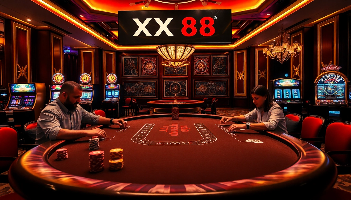 Players engaged at a professional poker table with chips and cards, showcasing the essence of XX88.