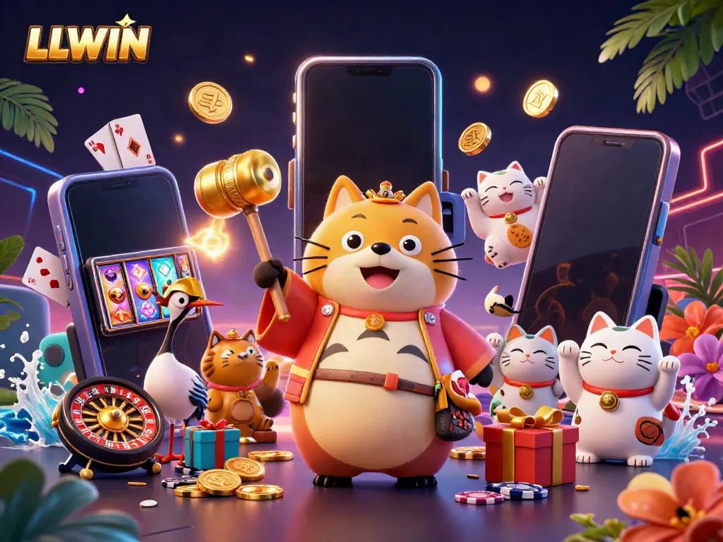 Play games and win at LLWIN with a vibrant 3D illustration of luck and casino fun.