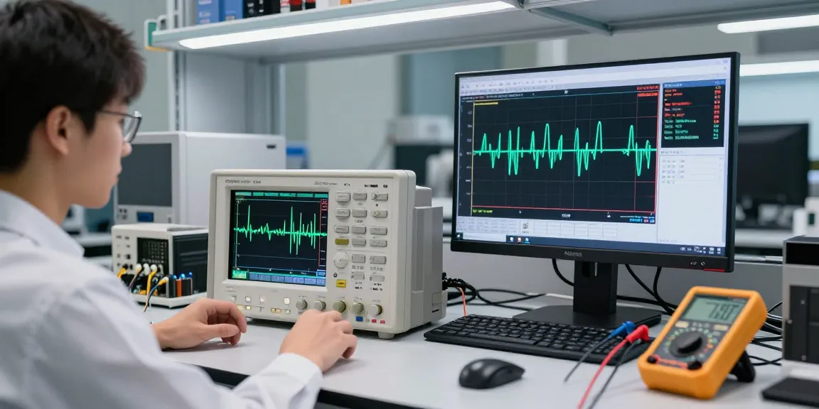 Engineer using a 4 Channel Digital Oscilloscope for advanced waveform analysis in a modern lab.