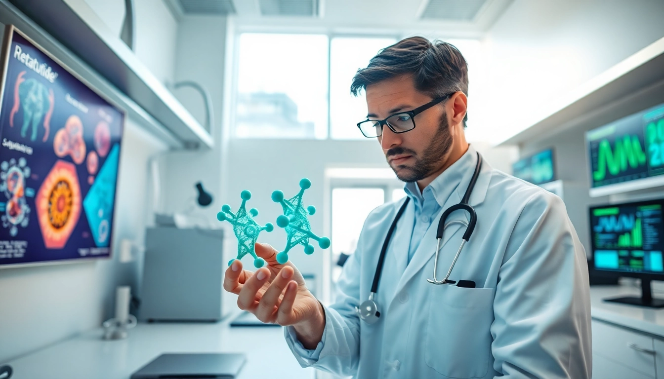 Healthcare professional studying Retatrutide's molecular structure in a modern lab