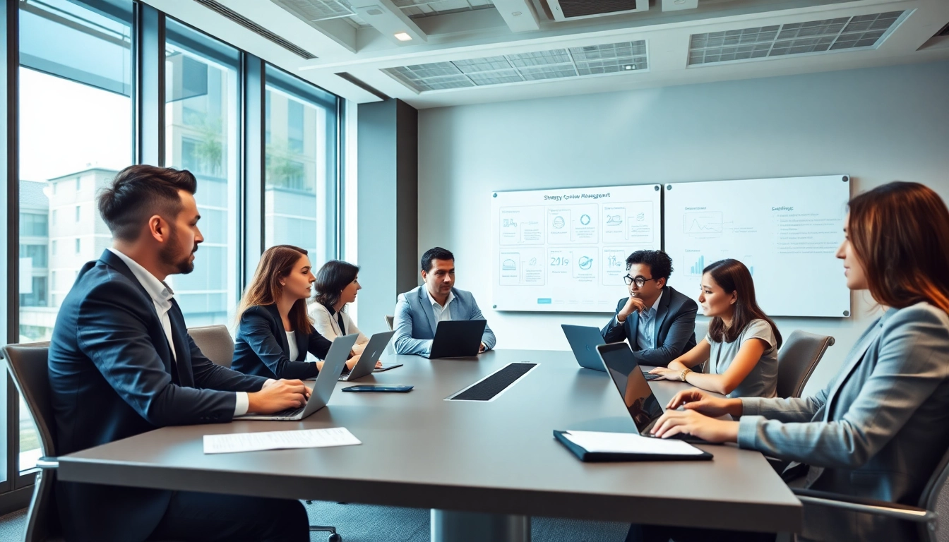 Engaged team discussing Strategy Capture Management strategies during a professional meeting.