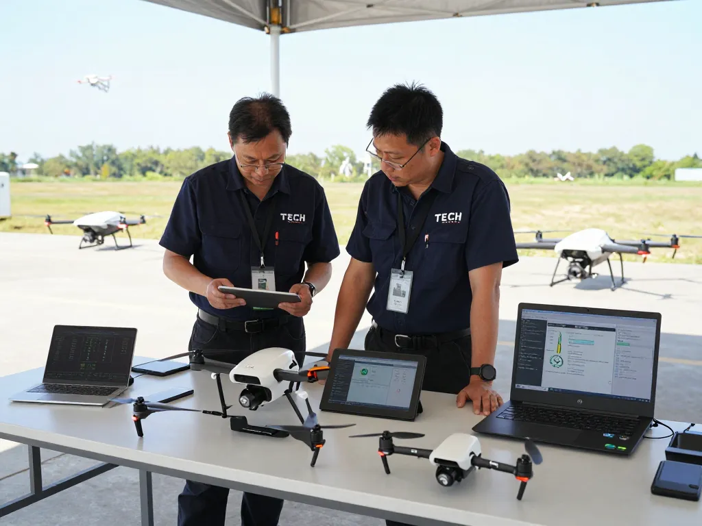 Technicians reviewing the terminatore dronavia drone safety system during an outdoor inspection.