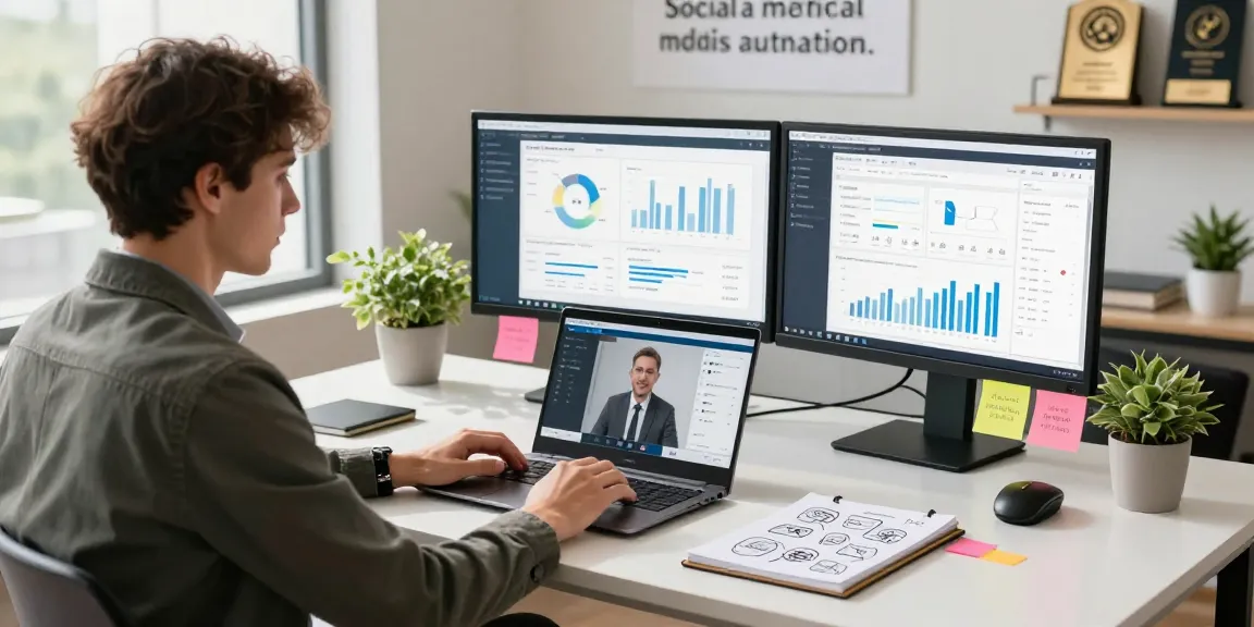 Engaged business owner automating social media processes in a vibrant digital marketing office