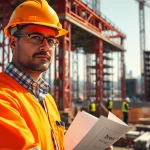 New York Construction Manager directing activities on-site surrounded by cranes and workers.