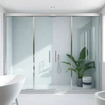 Elegant shower sliding doors in a modern bathroom setting, highlighted with natural light.