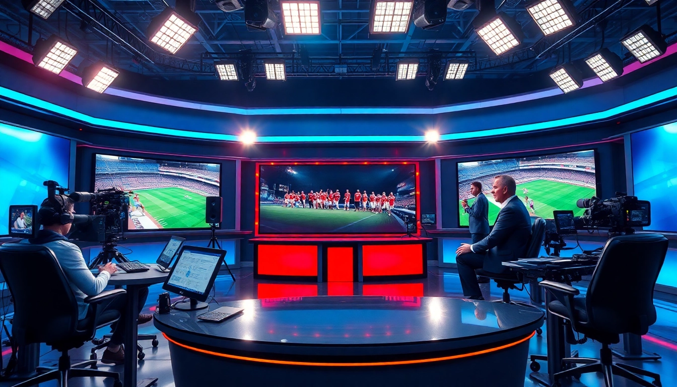 Engaging sports broadcasting studio with hosts discussing live events and high-tech screens.