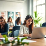 People engaging in the uk eta online application process in a bright office environment.