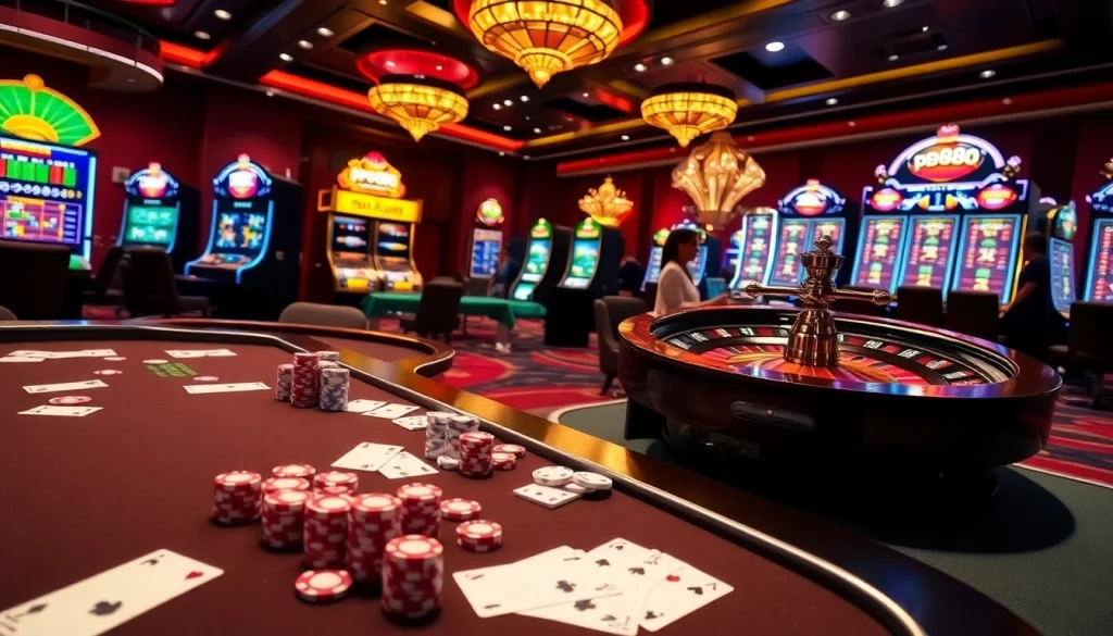 Engaging view of pg88's vibrant online gambling scene with casino tables and slot machines.