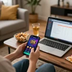 Engaging with the Man Club casino app on a mobile device, showcasing responsible gambling in a cozy home.