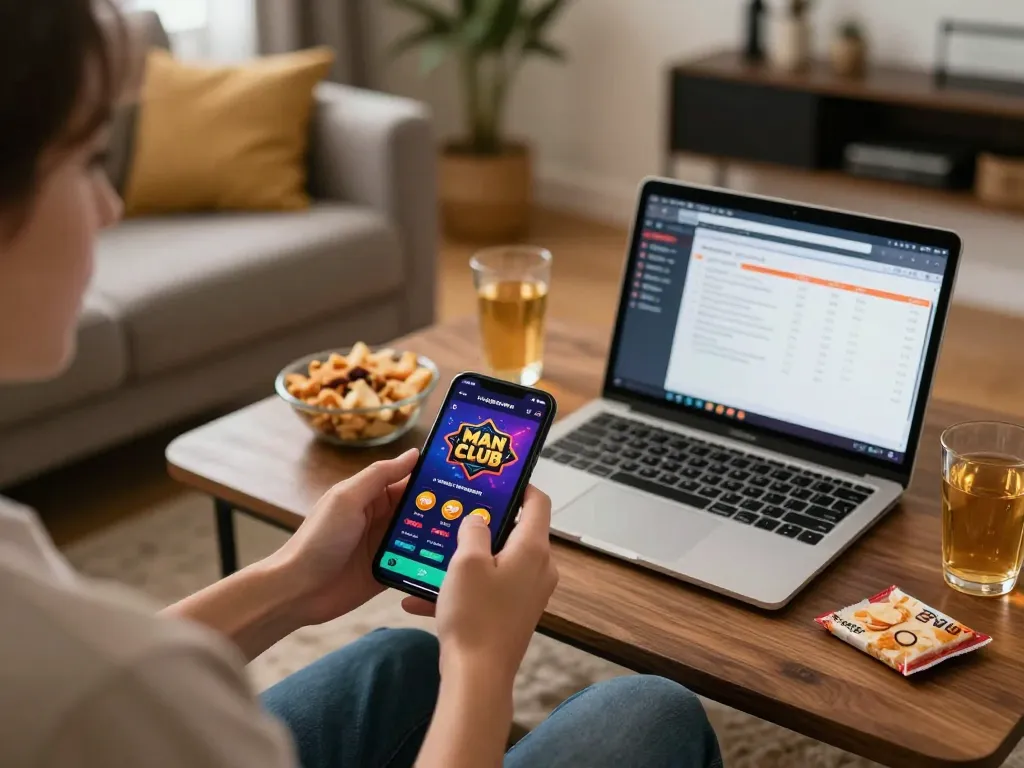 Engaging with the Man Club casino app on a mobile device, showcasing responsible gambling in a cozy home.