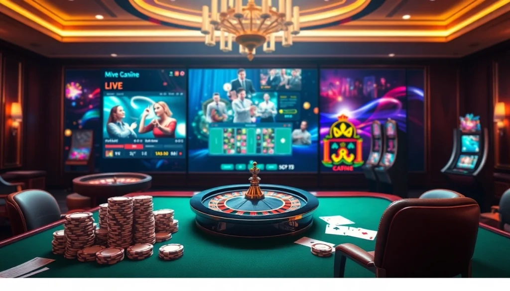 Play exciting games at https://78win.bot/, featuring vibrant poker chips and roulette wheels in a luxurious casino setting.