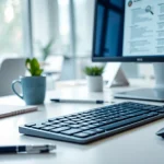 Efficient Typing Center workspace with high-quality keyboard and documents on the screen.