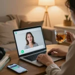 Engaging scene of free ai sex chat on a laptop screen in a cozy home environment.