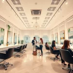 Best hair salons near me featuring an elegant interior with stylists and customers enjoying their experience.
