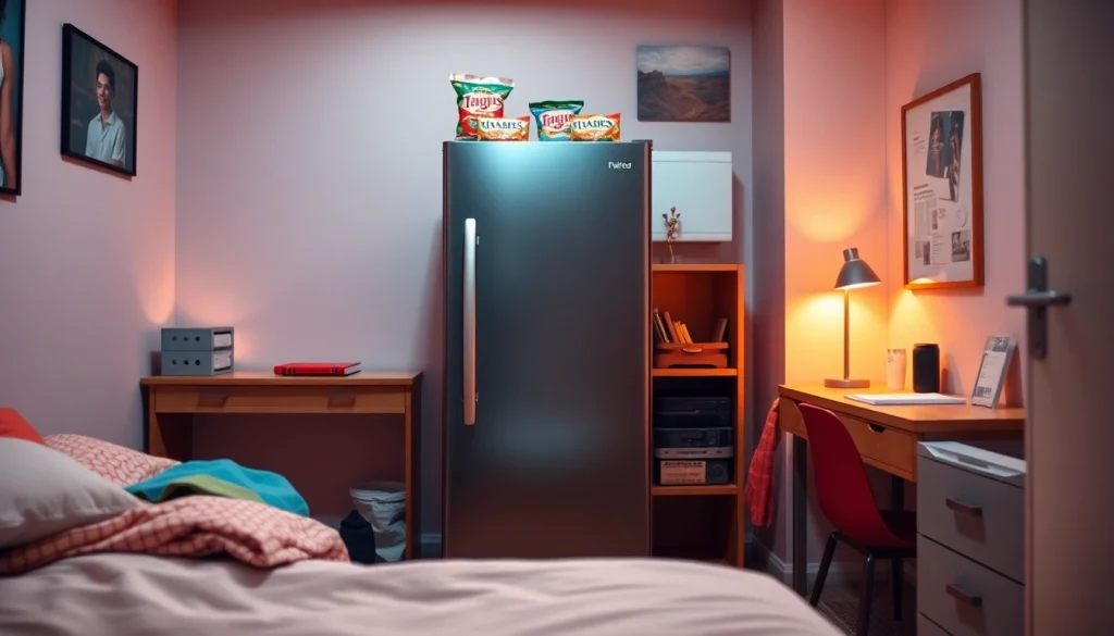 Organized dorm room fridge with snacks on top, enhancing a student's living space.