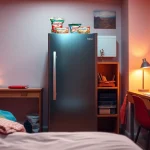 Organized dorm room fridge with snacks on top, enhancing a student's living space.