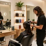 hair salon Dubai featuring a stylist coloring a client's hair in an elegant setting