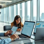Executives strategizing with data for b2b competitive intelligence in a modern office.