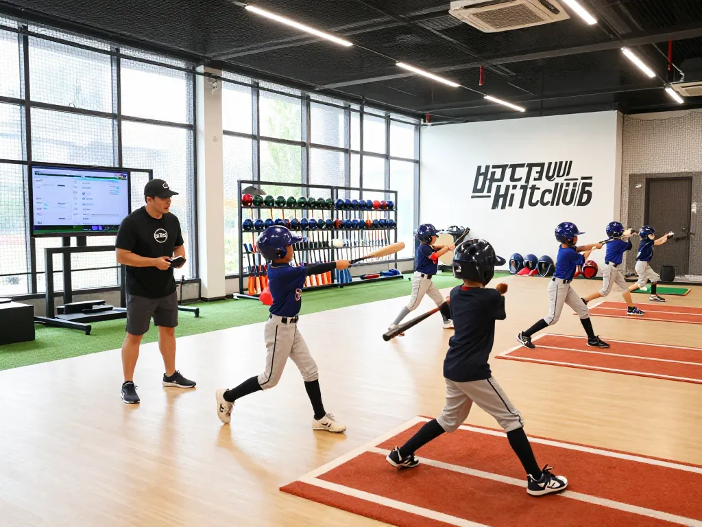 Young athletes practicing baseball techniques at hitclub facility with coaches guiding them.