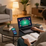 Engaging gameplay on U888 casino app during cozy home session, strategic notes and laptop visible.