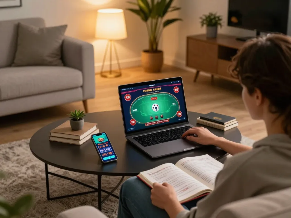 Engaging gameplay on U888 casino app during cozy home session, strategic notes and laptop visible.