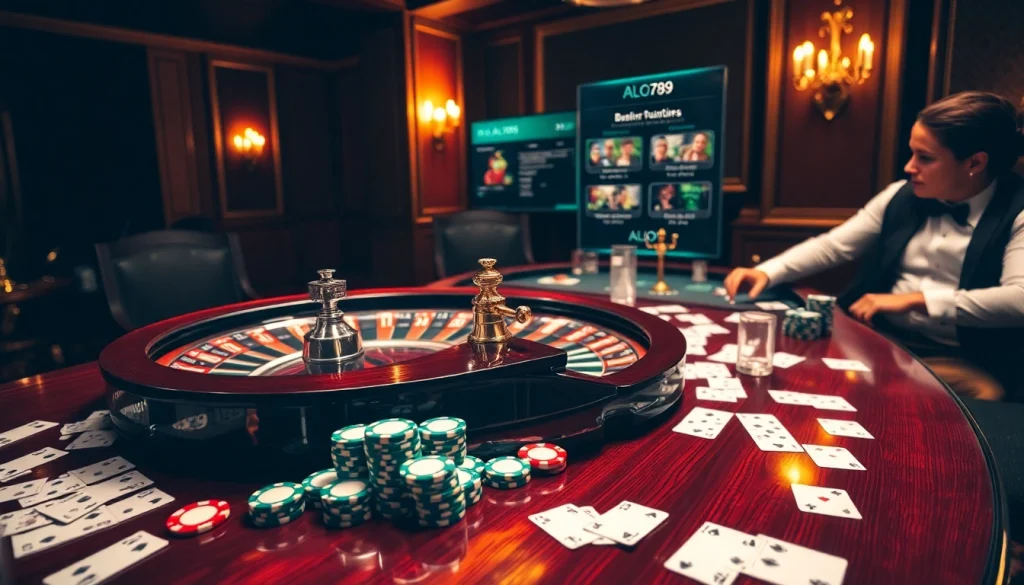 A thrilling roulette scene with players enjoying the excitement of gambling at https://alo789club.net/, showcasing colorful chips and cards.