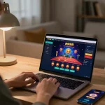 Engaging in online gaming at RR88 with a laptop and smartphone setup, showcasing live dealer games.