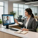 Engaging office scene with a virtual AI receptionist handling customer interactions, showcasing innovative technology and a welcoming environment.