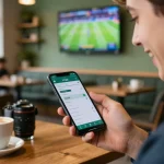 Person placing a bet on FC88 sports app in a lively café atmosphere, showcasing excitement and engagement